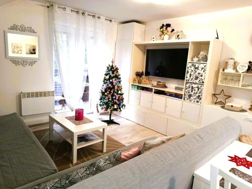 een woonkamer met een kerstboom en een bank bij Apartmán Romanna in Terchová