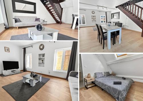 a living room and a living room with a couch and a table at Central, spacieux et calme votre cocon à Melun in Melun