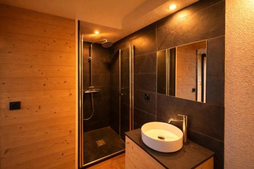 a bathroom with a sink and a shower at Le lodge étoilé - Station de ski Font-Romeu Pyrénées 2000 in Égat