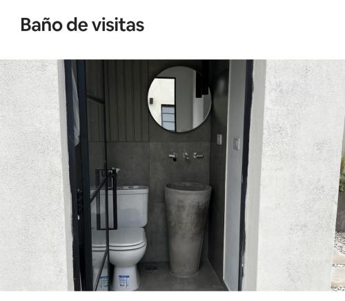 a bathroom with a toilet and a mirror at Entre Jazmines & Glicinas in Lobos