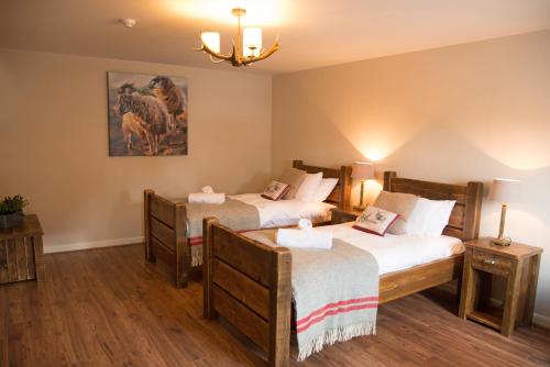 a bedroom with two beds and a chandelier at The Swan Hotel, Alresford in Winchester