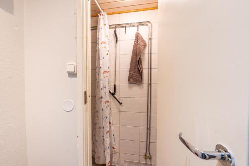 e bagno con doccia e tenda. di Studio in the city center FREE PRIVATE PARKING with heating plug a Kemi