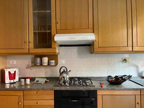 a kitchen with wooden cabinets and a stove top oven at Fuori Arena in Casalecchio di Reno