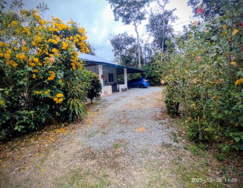 a driveway to a house with trees and flowers at Sri Nawa Homestay in Pokok Sena