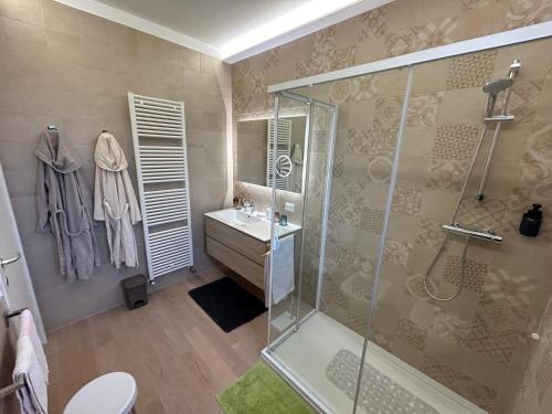a bathroom with a shower and a sink and a toilet at B&B Relief in Possagno