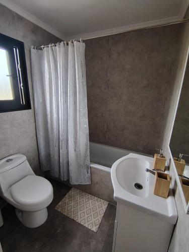 a bathroom with a white toilet and a sink at Casa Entre Cerros Panimávida in Colbún