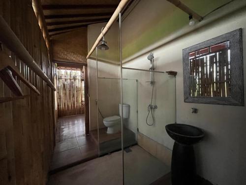 a bathroom with a glass shower and a toilet at Cacao Bamboo House in Krambitan