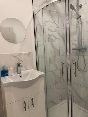 a bathroom with a sink and a shower at Brigstock 4 in Thornton Heath
