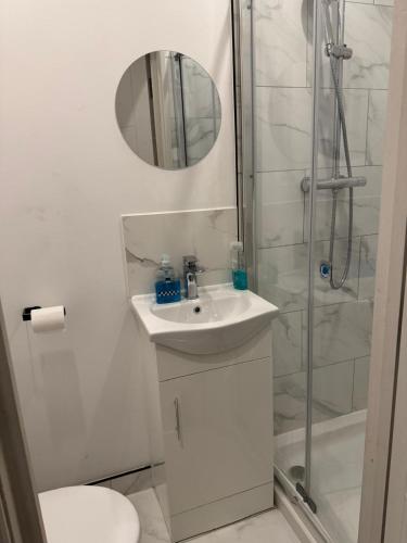 a bathroom with a toilet and a sink and a shower at Brigstock3 in Thornton Heath