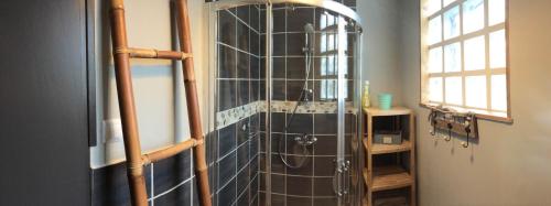 a bathroom with a shower with a glass wall at Villa Welcome in Lacanau-Océan