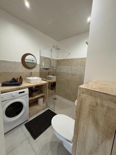 a bathroom with a toilet a sink and a washing machine at Villa O'CAMPÊCHE in Rivière-Salée