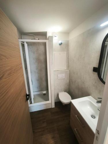 a bathroom with a shower and a toilet and a sink at Temples Du Soleil Tikal Appartements VTI in Val Thorens