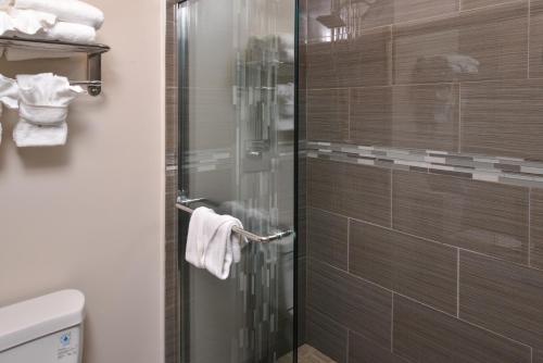 La salle de bains est pourvue d'une douche en verre et de toilettes. dans l'établissement Tarzana Inn, à Tarzana