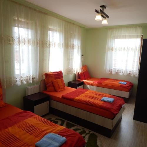 a room with two beds and two windows at Szamos-Party Vendégház in Olcsva