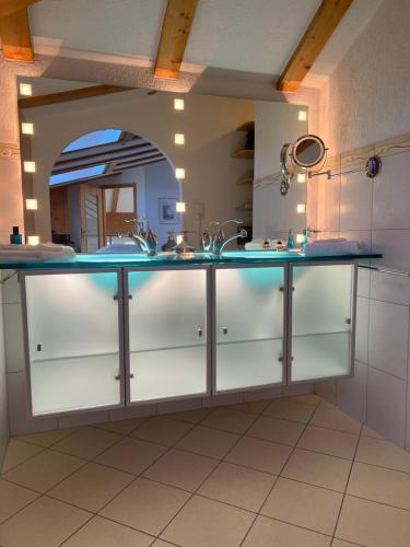 een keuken met een wastafel en een spiegel bij Luxus-Loft Atrium -X- in Rorbas