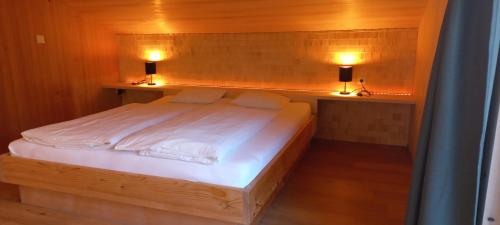 a bedroom with a bed with two lights on it at Familienbauernhof Köss Schertler in Egg