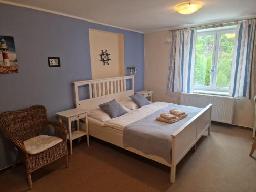 una camera da letto con un letto, una sedia e una finestra di Resort Mlýn Karolínka a Vranov nad Dyjí