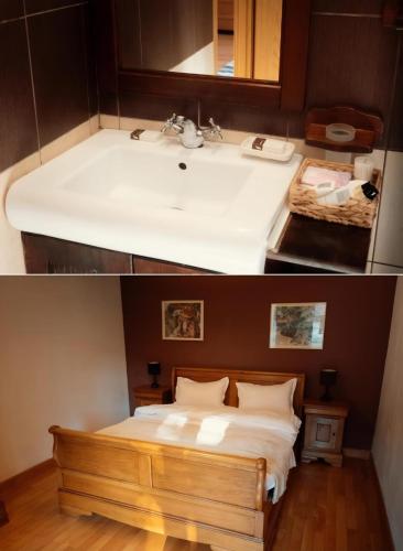 a bathroom with a bed and a sink at Transylvanian Nest in Cristian