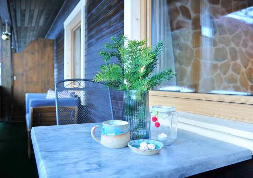 un tavolo con un vaso con una pianta sopra di Appartements & Chalets Wiesenruh a Bichlbach