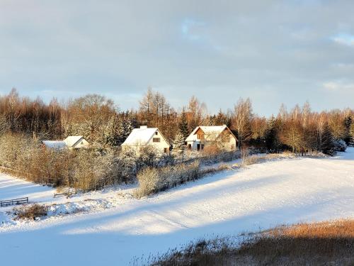 een met sneeuw bedekt veld met huizen op de achtergrond bij Wyskok 1 - dom z widokiem in Srokowo