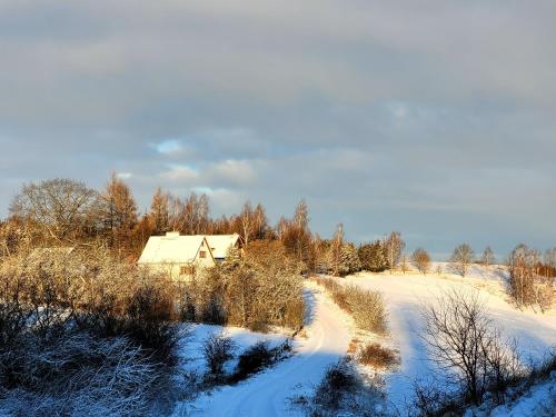 een met sneeuw bedekt veld met een huis op de achtergrond bij Wyskok 1 - dom z widokiem in Srokowo