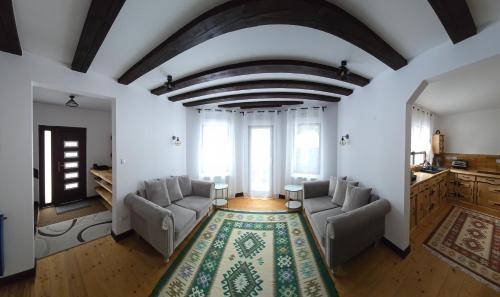 a living room with two chairs and a rug at The Froggies in Gura Negri