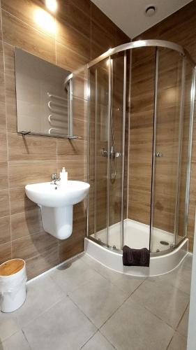 een badkamer met een douche en een wastafel bij Rezydencja Ostoja in Stronie Śląskie