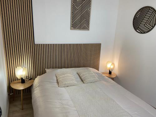 a bed with two pillows on it in a bedroom at Chambre double centre ville Bergerac in Bergerac
