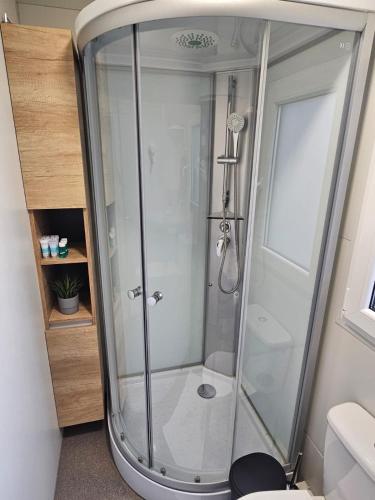 a shower with a glass door in a bathroom at Mobile home Jadre I in Pakoštane