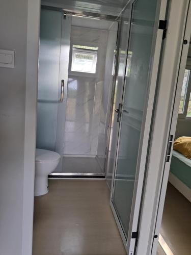 a bathroom with a shower and a toilet at Villa Océanne in Grand-Bourg