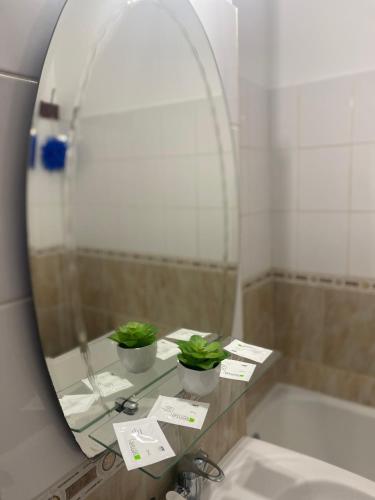 a bathroom with a mirror and a sink and a tub at Apartament Maria in Slănic-Moldova