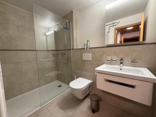 a bathroom with a toilet and a sink and a shower at Chalet Heide Beatenberg in Beatenberg