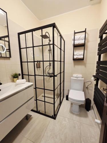 a bathroom with a shower and a toilet at Silent Retreat, Boutique Suite inside Monastery in Suceava