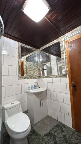 a bathroom with a toilet and a sink at Casa Maya Modern central and pet friendly in Futaleufú