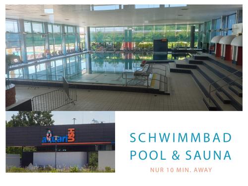 a large glass building with a pool and sauna at Moderne Maisonette mit Garten in Unterschleißheim