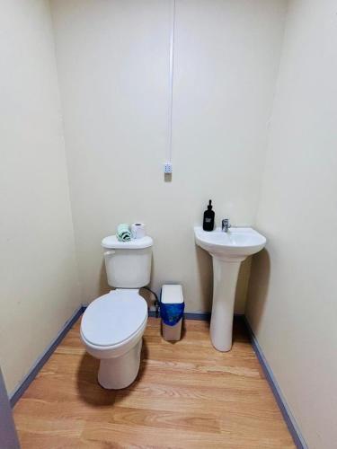 a bathroom with a toilet and a sink at Cabaña Los Lagos 2 in Lenca