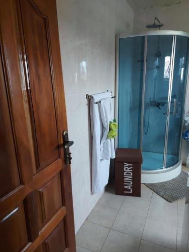 a bathroom with a shower and a glass door at Osprise Residencies in Tema