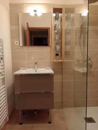 a bathroom with a sink and a shower at Maison Alba Rossa 56 in Serra-di-Ferro