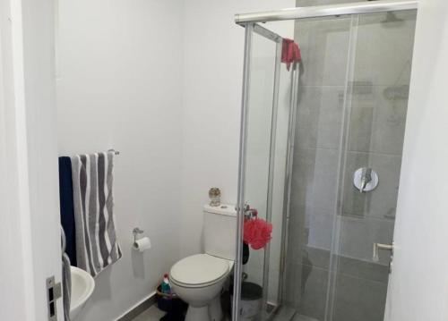 a small bathroom with a toilet and a shower at Bee Bee Adventures in Ballito