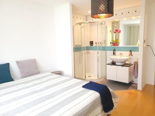 a bedroom with a bed and a sink and a tub at Chambre double privée in Martigny-Ville