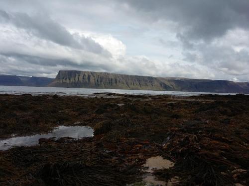 a large body of water with a mountain in the background at Hænuvík Cottages in Örlygshöfn