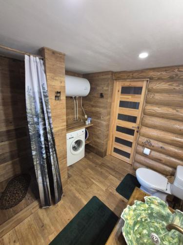 een badkamer met toilet en wasmachine bij Pryvitannya Sontsyu in Skhidnitsa