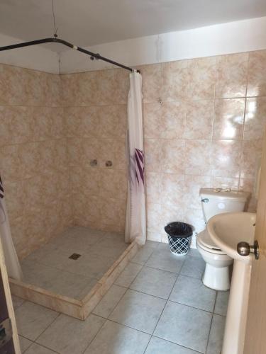a bathroom with a shower and a toilet at Hotel Escocia in Estación El Salto
