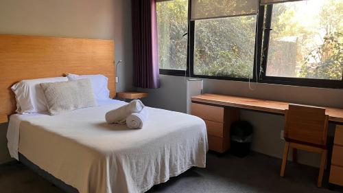 a bedroom with a bed with a stuffed animal on it at Terraza & Loft San Ángel in Mexico City
