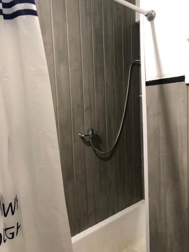 ein Duschvorhang in einem Badezimmer mit Badewanne in der Unterkunft Liberdade Home Royal direito in Braga