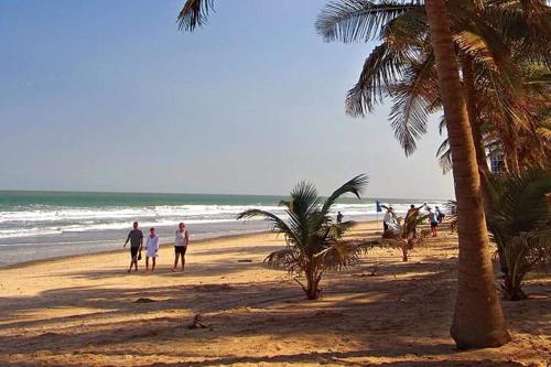 people walking on a beach with palm trees and the ocean at Calabash Apartment-Hotel in Kotu