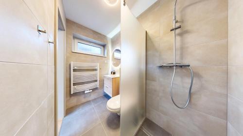 a bathroom with a toilet and a shower at Villa Montis in Deštné v Orlických horách