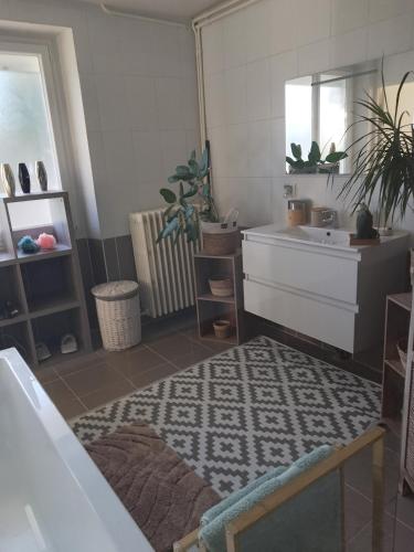 un bagno con vasca, lavandino e specchio di Appartement avec jardin et parking privés a Saint-Gaudens