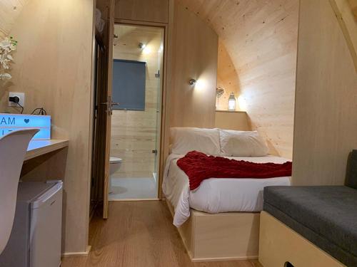 een kleine slaapkamer met een bed en een badkamer bij Hotel Rural Quinta da Conchada in Aguieira