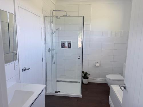 a white bathroom with a shower and a toilet at Guesthouse A in Twizel